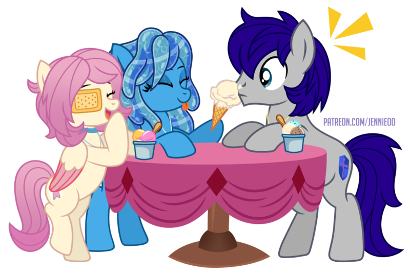 Size: 1000x675 | Tagged: safe, artist:jennieoo, derpibooru import, oc, oc:gentle star, oc:maverick, oc:ocean soul, unofficial characters only, earth pony, pegasus, pony, bipedal, cafe, earth pony oc, eyepatch, female, food, friends, happy, ice cream, ice cream cone, image, laughing, male, mare, pegasus oc, png, shocked, simple background, smiling, stallion, table, tongue out, transparent background, vector, wings
