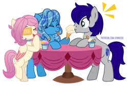 Size: 1000x675 | Tagged: safe, artist:jennieoo, derpibooru import, oc, oc:gentle star, oc:maverick, oc:ocean soul, unofficial characters only, earth pony, pegasus, pony, bipedal, cafe, earth pony oc, eyepatch, female, food, friends, happy, ice cream, ice cream cone, image, laughing, male, mare, pegasus oc, png, shocked, simple background, smiling, stallion, table, tongue out, transparent background, vector, wings