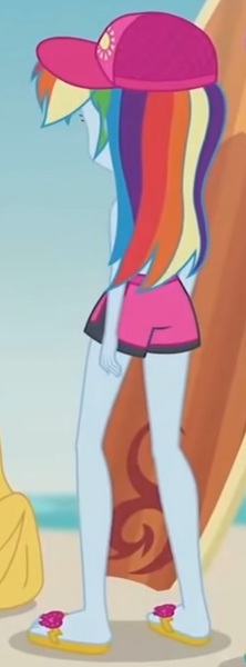 Size: 535x1444 | Tagged: safe, derpibooru import, screencap, rainbow dash, human, blue crushed, equestria girls, equestria girls series, ass, beach shorts swimsuit, bikini, butt, cap, clothes, hat, image, jpeg, legs, rainbow dash's beach shorts swimsuit, rainbutt dash, sandals, surfboard, swimsuit