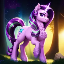 Size: 1024x1024 | Tagged: safe, derpibooru import, machine learning generated, purplesmart.ai, stable diffusion, starlight glimmer, pony, unicorn, chest fluff, cute, ear fluff, female, fluffy, forest, glow, glowing horn, horn, image, looking at you, magic, magic aura, png, smiling, smiling at you, solo, standing, tree