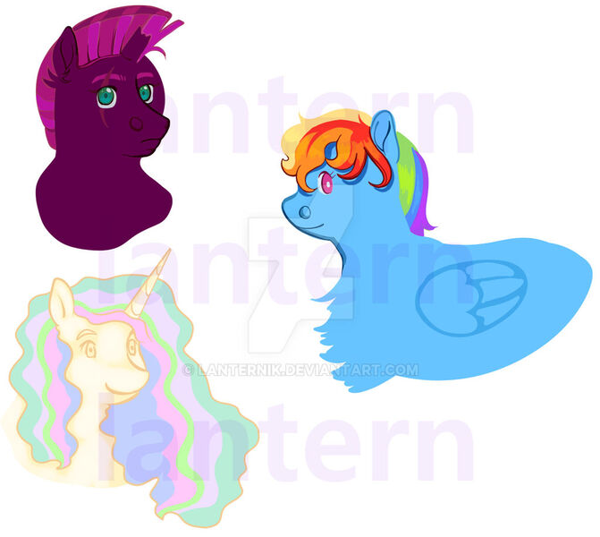 Size: 1024x915 | Tagged: safe, artist:lanternik, derpibooru import, princess celestia, rainbow dash, tempest shadow, alicorn, pegasus, pony, chest fluff, deviantart watermark, female, image, jpeg, mare, obtrusive watermark, watermark