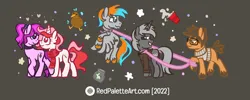 Size: 1280x513 | Tagged: safe, derpibooru import, oc, oc:red palette, oc:shade flash, oc:violet ray, unofficial characters only, earth pony, kiwi, pegasus, unicorn, clothes, convention, couple, cute, earth pony oc, freckles, horn, image, jpeg, leash, pegasus oc, scarf, smiling, trotting, unicorn oc, wings