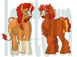 Size: 1024x762 | Tagged: safe, artist:lanternik, derpibooru import, sunburst, sunset shimmer, pony, unicorn, chest fluff, coat markings, deviantart watermark, duo, female, image, jpeg, male, mare, obtrusive watermark, raised hoof, redesign, redesign looks like oc, socks (coat marking), stallion, watermark