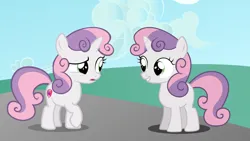 Size: 1920x1080 | Tagged: safe, derpibooru import, sweetie belle, pony, confused, dhx puppet, double rainboom puppet, duo, female, filly, foal, grin, image, looking at each other, looking at someone, png, self paradox, self ponidox, smiling