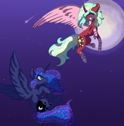 Size: 2335x2374 | Tagged: safe, artist:brybrychan, derpibooru import, princess luna, oc, alicorn, pony, alicorn oc, duo, ethereal mane, female, flying, full moon, grin, horn, image, looking up, mare, moon, night, png, shooting star, smiling, starry mane, wings