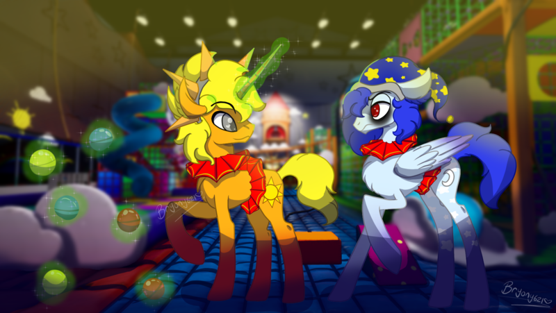 Size: 1790x1008 | Tagged: safe, artist:brybrychan, derpibooru import, ponified, pegasus, pony, unicorn, daycare, five nights at freddy's, glow, glowing horn, hat, horn, image, indoors, magic, png, telekinesis