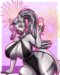 Size: 2700x3400 | Tagged: suggestive, artist:queenkittyok, derpibooru import, oc, anthro, zebra, absolute cleavage, alcohol, big breasts, breasts, champagne, champagne glass, cleavage, commission, female, huge breasts, image, looking at you, open mouth, open smile, png, smiling, smiling at you, solo, solo female, wine, ych result, your character here, zebra oc