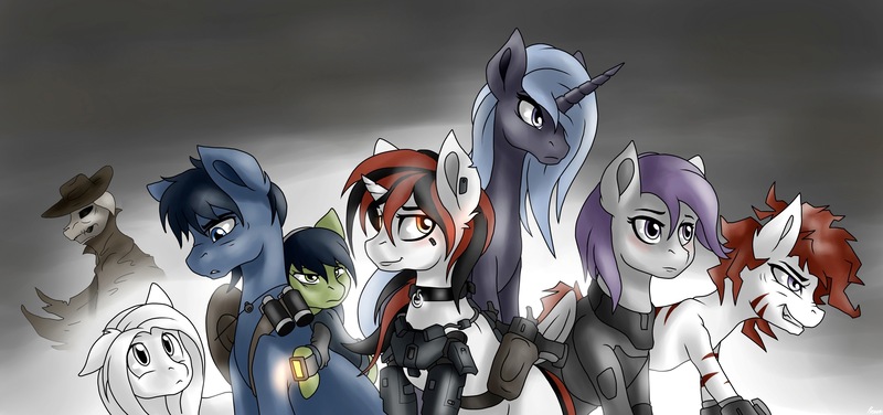 Size: 3350x1575 | Tagged: safe, artist:whitepone, derpibooru import, oc, oc:blackjack, oc:boo, oc:dealer, oc:lacunae, oc:morning glory (project horizons), oc:p-21, oc:rampage, oc:scotch tape, alicorn, earth pony, pegasus, pony, skeleton pony, unicorn, fallout equestria, fallout equestria: project horizons, armor, bone, cowboy hat, fanfic art, female, filly, foal, hat, image, jpeg, male, mare, skeleton, stallion, weapon