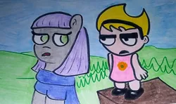 Size: 2159x1276 | Tagged: safe, artist:dex stewart, derpibooru import, maud pie, earth pony, human, pony, image, jpeg, mandy, the grim adventures of billy and mandy, traditional art
