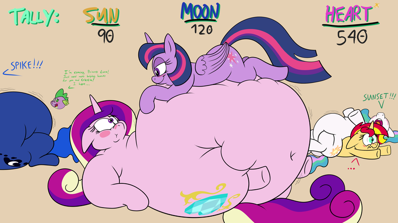 Size: 4490x2522 | Tagged: suggestive, artist:rupertbluefox, derpibooru import, princess cadance, princess celestia, princess luna, spike, sunset shimmer, twilight sparkle, alicorn, dragon, pony, unicorn, series:sunsmoons&heartbellyballoons, ..., bedroom eyes, belly, belly bed, belly button, belly to belly, big belly, blushing, butt, chibi, chubby, chubby cheeks, dialogue, donation drive, eyes closed, fat, fat fetish, female, fetish, group, high res, huge belly, image, impossibly large belly, incentive drive, looking at someone, lying down, male, mismatched eyes, missing accessory, nose in the air, obese, offscreen character, on top, onomatopoeia, png, princess decadence, princess moonpig, prone, smiling, speech bubble, squished, squishy, stomach noise, this ended in weight gain, this will end in weight gain, wall of tags, wavy mouth, weight gain, winged spike, wings