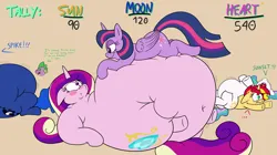 Size: 4490x2522 | Tagged: suggestive, artist:rupertbluefox, derpibooru import, princess cadance, princess celestia, princess luna, spike, sunset shimmer, twilight sparkle, alicorn, dragon, pony, unicorn, series:sunsmoons&heartbellyballoons, ..., bedroom eyes, belly, belly bed, belly button, belly to belly, big belly, blushing, butt, chibi, chubby, chubby cheeks, dialogue, donation drive, eyes closed, fat, fat fetish, female, fetish, group, high res, huge belly, image, impossibly large belly, incentive drive, looking at someone, lying down, male, mismatched eyes, missing accessory, nose in the air, obese, offscreen character, on top, onomatopoeia, png, princess decadence, princess moonpig, prone, smiling, speech bubble, squished, squishy, stomach noise, this ended in weight gain, this will end in weight gain, wall of tags, wavy mouth, weight gain, winged spike, wings