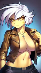 Size: 864x1536 | Tagged: suggestive, derpibooru import, editor:sammykun, machine learning generated, novelai, stable diffusion, gilda, human, angry, breasts, busty gilda, clothes, female, humanized, image, jacket, jewelry, leather, leather jacket, looking at you, midriff, necklace, open clothes, open jacket, pants, png, reasonably sized breasts, sexy, solo, solo female