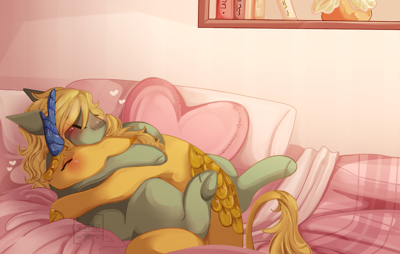 Size: 1106x702 | Tagged: safe, artist:maerishi, derpibooru import, oc, oc:ashe, oc:gold rush, unofficial characters only, book, image, pillow, plushie, png