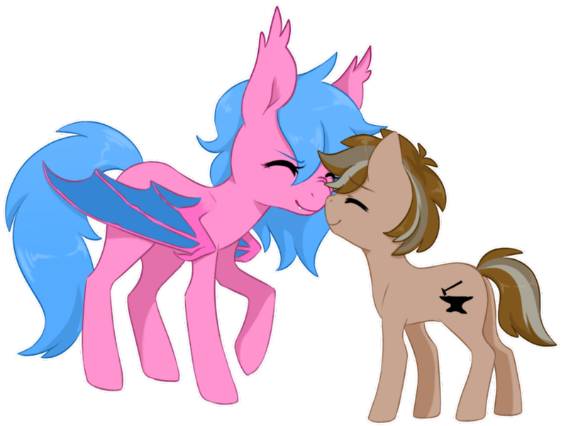 Size: 1106x839 | Tagged: safe, artist:emypony, derpibooru import, oc, oc:crucible, oc:inlux, unofficial characters only, bat pony, earth pony, pony, bat pony oc, bat wings, colt, cute, cute little fangs, duo, earth pony oc, fangs, female, foal, image, male, mare, nuzzling, png, simple background, smiling, transparent background, wings