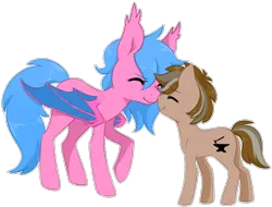 Size: 1106x839 | Tagged: safe, artist:emypony, derpibooru import, oc, oc:crucible, oc:inlux, unofficial characters only, bat pony, earth pony, pony, bat pony oc, bat wings, colt, cute, cute little fangs, duo, earth pony oc, fangs, female, foal, image, male, mare, nuzzling, png, simple background, smiling, transparent background, wings