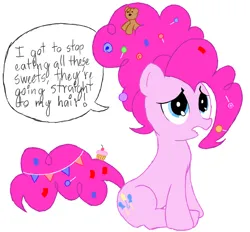 Size: 1062x984 | Tagged: safe, artist:scootaloormayfly, derpibooru import, pinkie pie, earth pony, pony, the last problem, blue eyes, candy, confetti, cupcake, food, image, older, older pinkie pie, plushie, png, simple background, solo, speech bubble, teddy bear, text, white background