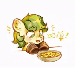 Size: 954x864 | Tagged: safe, artist:dearmary, derpibooru import, oc, oc:karakusa, unofficial characters only, earth pony, pony, boots, cheerful, cheese, clothes, commission, female, filly, foal, food, image, jpeg, macaroni, macaroni and cheese, pasta, shoes, solo, sword, weapon, ych result