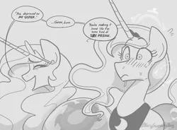 Size: 1536x1132 | Tagged: suggestive, artist:averysweatyboy, derpibooru import, princess celestia, princess luna, alicorn, pony, blushing, butt, censored, censored vulgarity, dialogue, duo, female, frown, gray background, grayscale, image, mare, monochrome, open mouth, open smile, plot, png, royal sisters, siblings, simple background, sisters, smiling, speech bubble, sunbutt, sweat
