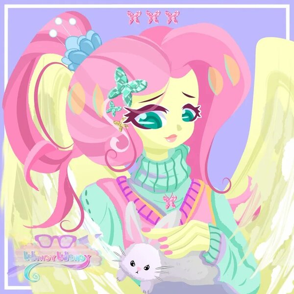 Size: 800x800 | Tagged: safe, alternate version, artist:wen_raz, artist:windywendy29, derpibooru import, angel bunny, fluttershy, human, rabbit, alternate hairstyle, angel is a bunny bastard, animal, blushing, clothes, cute, female, humanized, image, jpeg, nail polish, petting, pony coloring, shyabetes, solo, sweater, sweatershy, winged humanization, wings