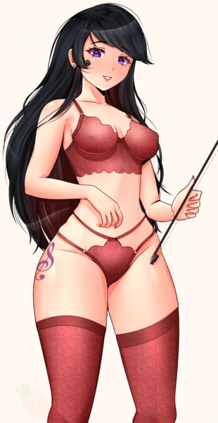 Size: 960x1858 | Tagged: suggestive, derpibooru import, octavia melody, human, bow (instrument), cello bow, clothes, cutie mark on human, ear piercing, earring, humanized, image, jewelry, lingerie, piercing, png, smiling, socks, standing, thigh highs