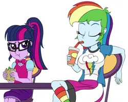 Size: 1350x1080 | Tagged: safe, artist:roseluck, derpibooru import, rainbow dash, sci-twi, twilight sparkle, human, equestria girls, mirror magic, spoiler:eqg specials, big breasts, bowtie, breasts, burger, busty rainbow dash, chair, clothes, colored sketch, confused, crossed legs, cup, cutie mark, cutie mark on clothes, derpibooru exclusive, drink, drinking, drinking straw, duo, duo female, eating, eyes closed, female, food, frown, glasses, hairclip, holding, image, jacket, kneesocks, looking at someone, missing accessory, png, ponytail, puffy cheeks, rainbow socks, scene interpretation, shirt, shorts, shorts under skirt, simple background, sitting, skirt, socks, striped socks, t-shirt, table, three quarter view, wall of tags, white background