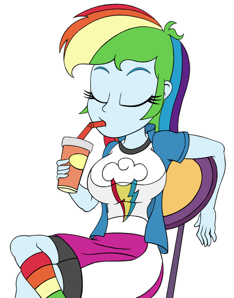 Size: 850x1080 | Tagged: safe, artist:roseluck, derpibooru import, rainbow dash, human, equestria girls, mirror magic, spoiler:eqg specials, big breasts, breasts, busty rainbow dash, chair, clothes, colored sketch, cropped, crossed legs, cup, cutie mark, cutie mark on clothes, derpibooru exclusive, drink, drinking, drinking straw, eyes closed, female, holding, image, jacket, kneesocks, missing accessory, png, rainbow socks, scene interpretation, shirt, shorts, shorts under skirt, simple background, sitting, skirt, socks, solo, striped socks, t-shirt, three quarter view, white background