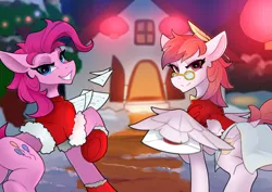 Size: 4677x3307 | Tagged: artist needed, safe, derpibooru import, pinkie pie, oc, oc:芳棠, earth pony, pegasus, pony, bowtie, cheongsam, clothes, cutie mark, dress, duo, duo female, female, glasses, image, lantern, letter, looking at you, mascot, png, snow, spread wings, wings, winter outfit