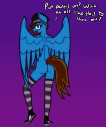 Size: 320x384 | Tagged: suggestive, artist:memeancholy, derpibooru import, oc, oc:penstroke, anthro, pegasus, beanie, bottomless, butt, clothes, hat, image, looking at you, partial nudity, png, socks, solo, spread wings, wings