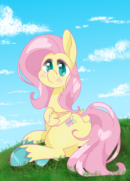 Size: 1000x1385 | Tagged: safe, artist:pagophasia, derpibooru import, fluttershy, pegasus, pony, blushing, butt, cloud, colored hooves, cutie mark eyes, daytime, derpibooru exclusive, dock, eye reflection, female, flutterbutt, frog (hoof), grass, hill, image, impossibly long eyelashes, looking at you, looking back, looking back at you, lying down, png, prone, reflection, solo, tail, underhoof, unshorn fetlocks, wingding eyes, wings