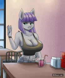 Size: 1500x1800 | Tagged: suggestive, artist:zachc, derpibooru import, maud pie, anthro, earth pony, belly button, breasts, busty maud pie, cleavage, clothes, drink, drinking straw, female, glass, image, png, sitting, smiling, solo, table, tanktop, waving, when she smiles