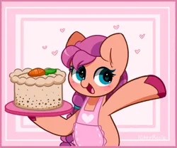 Size: 3032x2520 | Tagged: safe, artist:kittyrosie, derpibooru import, sunny starscout, earth pony, pony, apron, blushing, cake, clothes, cute, female, food, g5, image, mare, open mouth, open smile, png, smiling, solo, sunnybetes