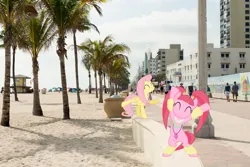 Size: 1600x1068 | Tagged: safe, artist:regolithx, artist:sollace, derpibooru import, fluttershy, pacific glow, earth pony, pegasus, pony, beach, bipedal, clothes, dancing, extended trot pose, eyes closed, female, florida, glowstick, hollywood, image, irl, jewelry, jpeg, leg warmers, mare, necklace, pacifier, palm tree, photo, ponies in real life, tree