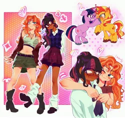 Size: 3600x3400 | Tagged: safe, artist:sn_trix, derpibooru import, sci-twi, sunset shimmer, twilight sparkle, ponified, human, pony, unicorn, equestria girls, blushing, boots, clothes, compression shorts, curly hair, cute, dark skin, equestria girls ponified, female, glasses, high res, humanized, image, jacket, jpeg, lesbian, light skin, mare, necktie, ponytail, scitwishimmer, shipping, shoes, skirt, sunsetsparkle, twiabetes, unicorn sci-twi