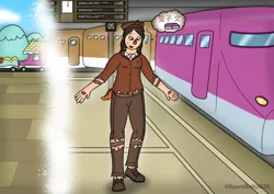 Size: 1280x905 | Tagged: safe, artist:sparkbolt3020, derpibooru import, part of a set, oc, oc:kindling flames, clothes, commission, image, japanese, jpeg, moon runes, smiling, story included, thought bubble, train, train station, uniform