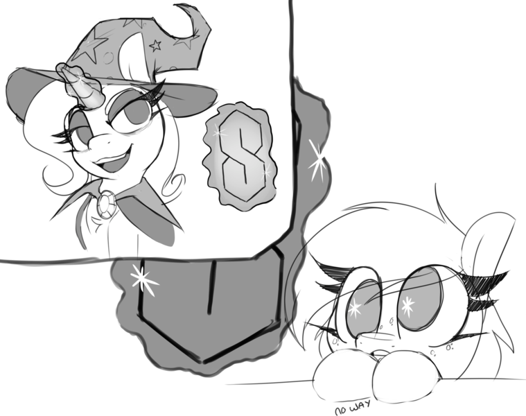 Size: 2500x1977 | Tagged: safe, artist:lockheart, trixie, pony, unicorn, amazed, black and white, cape, clothes, cool s, dialogue, female, filly, grayscale, hat, image, levitation, magic, magic aura, mare, monochrome, png, simple background, starry eyes, telekinesis, trixie's cape, trixie's hat, white background, wingding eyes