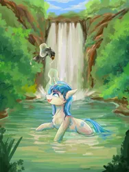 Size: 2100x2800 | Tagged: safe, artist:月下枫林, derpibooru import, oc, oc:blueblaze stardust, unofficial characters only, fish, unicorn, forest, image, png, smiling, tree, water, waterfall