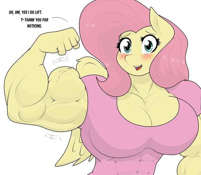 Size: 3444x3010 | Tagged: safe, artist:matchstickman, derpibooru import, fluttershy, anthro, pegasus, pony, abs, biceps, blushing, blushing profusely, breasts, busty fluttershy, clothes, dialogue, female, flexing, image, jpeg, looking at you, mare, muscles, muscleshy, muscular female, pecs, shirt, shy, simple background, solo, talking to viewer, triceps, white background