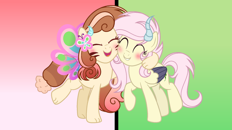 Size: 1920x1080 | Tagged: safe, artist:stellamoonshine, derpibooru import, oc, oc:daisy, oc:desiree, unofficial characters only, hybrid, base used, female, hug, image, interspecies offspring, offspring, parent:discord, parent:fluttershy, parents:discoshy, png