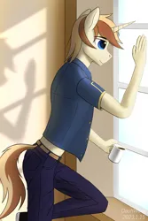 Size: 2000x3000 | Tagged: safe, artist:dash wang, derpibooru import, oc, oc:cream brun, anthro, unicorn, clothes, coffee, hand, image, male, png, shoes