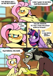 Size: 1423x2048 | Tagged: safe, artist:lrusu, derpibooru import, discord, fluttershy, twilight sparkle, twilight sparkle (alicorn), alicorn, draconequus, pegasus, pony, comic:fluttercord (irusu), clueless, comic, dialogue, discoshy, eyebrows, eyebrows visible through hair, female, image, jpeg, male, shipping, shy, smiling, speech bubble, straight, surprised, sweat, trio, wide eyes