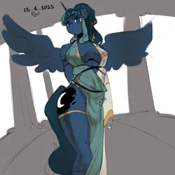Size: 2000x2000 | Tagged: suggestive, artist:cadillac-dynamite, derpibooru import, idw, princess luna, alicorn, anthro, reflections, spoiler:comic, alternate hairstyle, ancient greece, artemis luna, clothes, image, mirror universe, png, roman, sketch, solo, toga