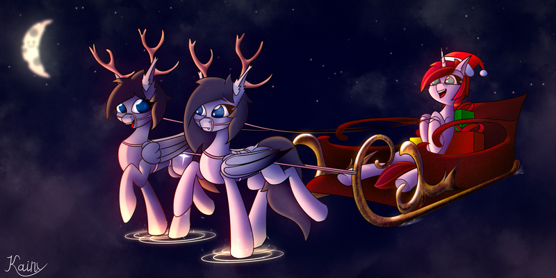 Size: 6000x3000 | Tagged: safe, artist:kainy, derpibooru import, oc, oc:kainy, oc:linaxero, oc:rainy, bat pony, deer, hybrid, pegasus, unicorn, bat pony oc, bat wings, christmas, clothes, costume, holiday, horns, image, moon, night, png, sled, walking on air, wings