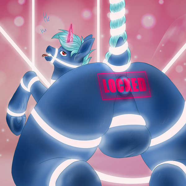 Size: 2000x2000 | Tagged: explicit, artist:jehr, derpibooru import, oc, oc:bydena, pony, unicorn, anus, balls, bit, bondage, bridle, dock, glowing ropes, image, lock, locked, looking at you, looking back, looking back at you, nudity, png, raised tail, sex, solo, tack, tail, trade