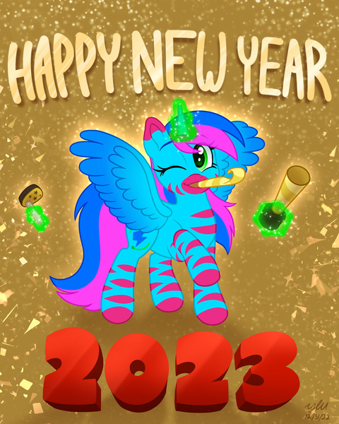 Size: 1638x2048 | Tagged: safe, artist:horse-time-babey, derpibooru import, oc, unofficial characters only, alicorn, pony, 2023, alicorn oc, happy new year, holiday, horn, image, jpeg, solo, wings