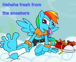 Size: 1170x954 | Tagged: safe, artist:darienspeyer, artist:zeekthatgeek, derpibooru import, rainbow dash, anthro, pegasus, pony, barefoot, clothes, eyes closed, feet, fetish, foot fetish, foot focus, happy, image, png, shoes, shoes removed, smelly feet, soles, stinky feet, tail, toes, tongue out