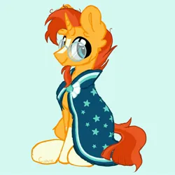 Size: 2024x2023 | Tagged: safe, alternate version, artist:cupute, derpibooru import, sunburst, pony, unicorn, blue background, cloak, clothes, cyan background, glasses, image, jpeg, simple background, sitting, smiling, solo, sunburst's cloak, sunburst's glasses