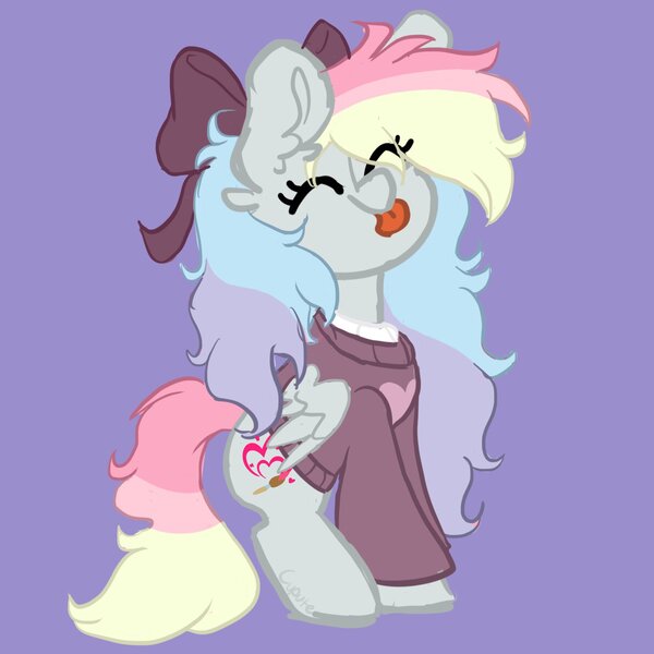 Size: 1791x1791 | Tagged: safe, artist:cupute, artist:therealcupute, derpibooru import, oc, oc:blazey sketch, unofficial characters only, pegasus, pony, :p, bow, clothes, hair bow, image, jpeg, multicolored hair, purple background, simple background, small wings, solo, sweater, tongue out, wings