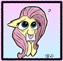 Size: 718x698 | Tagged: safe, artist:scarletdoodle, derpibooru import, fluttershy, pegasus, pony, bust, female, heart, image, mare, mouth hold, note, pink mane, png, portrait, question mark, simple background, solo, solo female, turquoise eyes, yellow coat