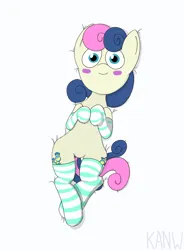Size: 830x1130 | Tagged: safe, artist:kanw, derpibooru import, bon bon, sweetie drops, earth pony, pony, bed, blushing, clothes, featureless crotch, image, lying down, png, smiling, socks, solo, solo focus