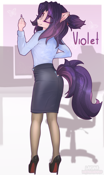 Size: 2600x4400 | Tagged: safe, artist:lakunae, derpibooru import, oc, oc:violet, unofficial characters only, anthro, pony, anthro oc, clothes, female, fuck you, high heels, image, looking at you, looking back, makeup, mare, office, office lady, pantyhose, pencil skirt, png, shirt, shoes, skirt, smiling, tube skirt